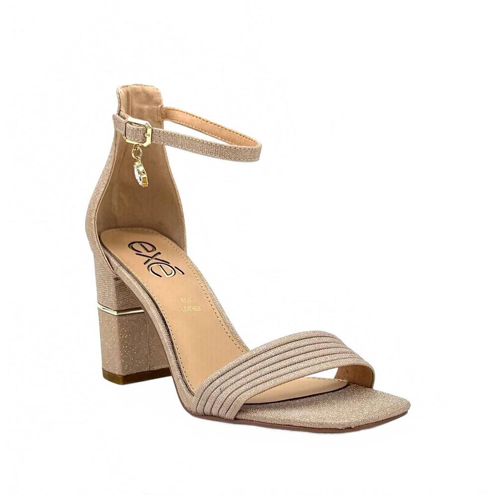 NEW EXE women's pleated ankle strap block heel sandal in gold